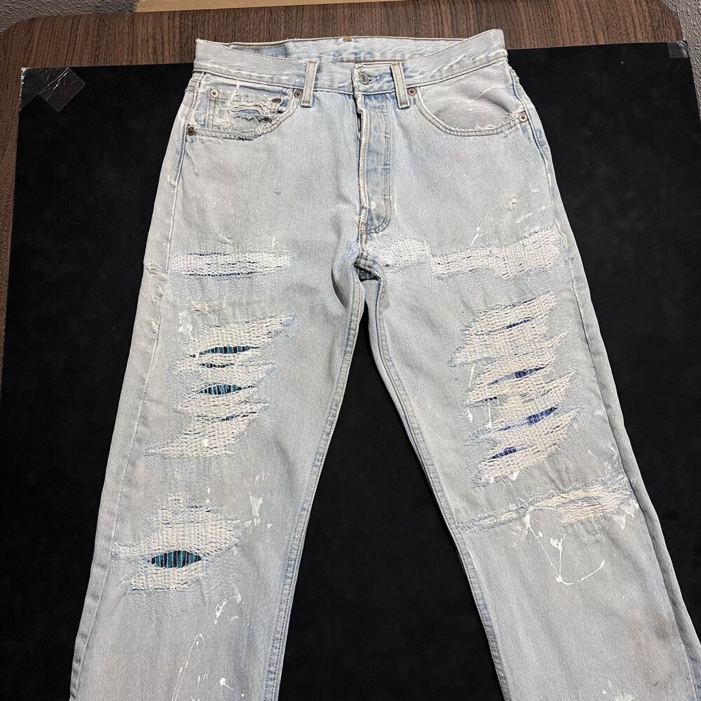 Levis 501 Jeans Sashiko Flannel Double Knee Thrash Vintage Levi USA 1990s 30x30